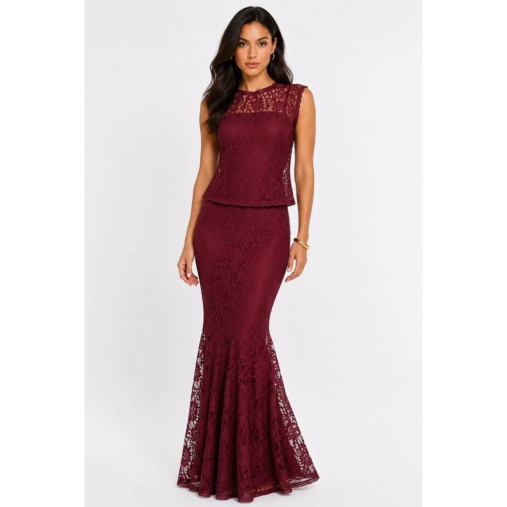Anamaria Couture Burgundy Floral Lace 2 Piece Mermaid Maxi Skirt Set Size P S